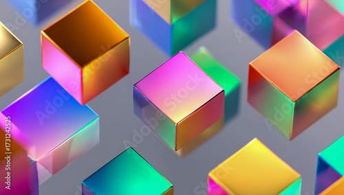 Abstract geometric cubes with iridescent rainbow metallic gradient reflections and soft lighting