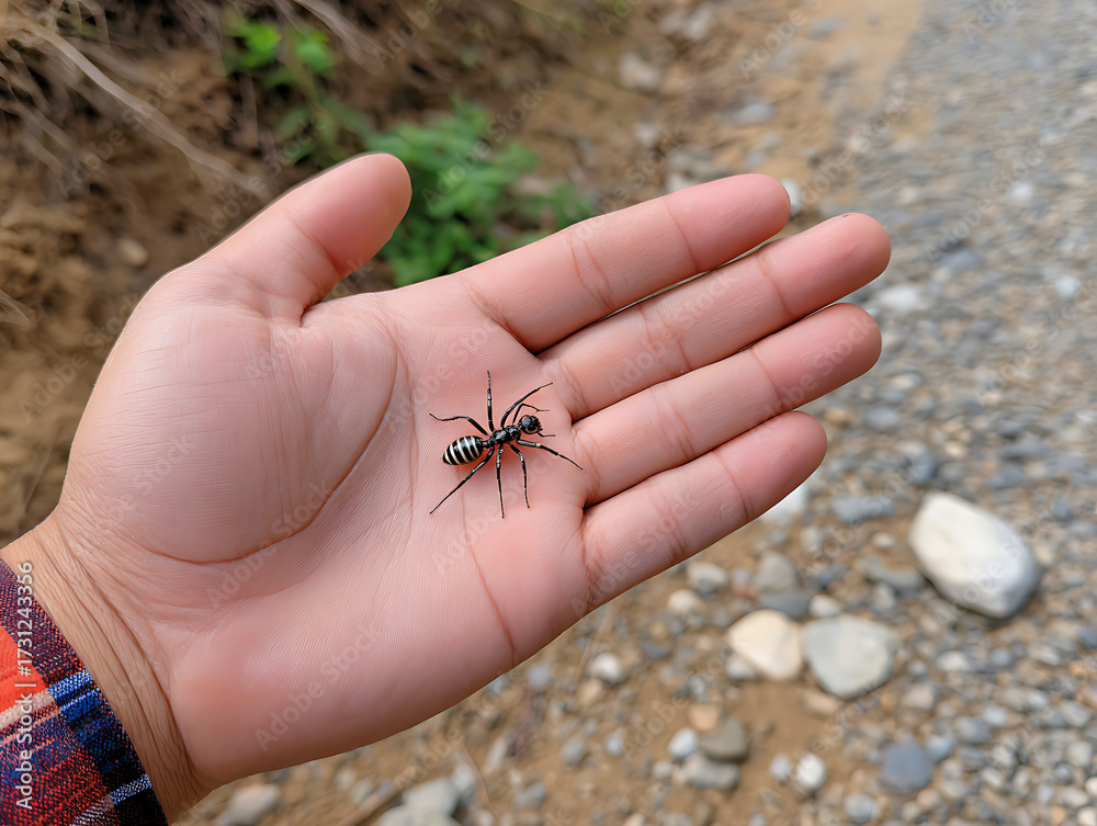 Fototapeta premium 야외에서 손에 들린 작은 곤충과 자연의 만남