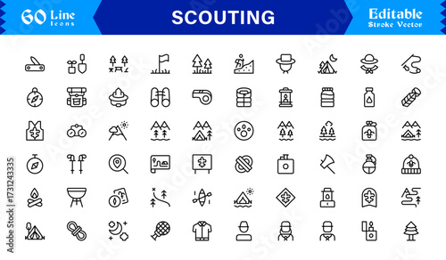 Professional Scouting Line Icon Set Featuring Modern, Minimal, Unique Designs for Outdoor Exploration, Adventure, Tracking, and Navigation