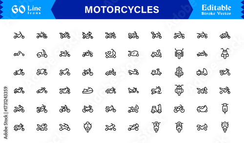 Premium Motorcycles Line Icon Set with Modern Minimal Designs, Professional Vector Style Collection Featuring Unique Motorcycle and Bike Symbols for Creative Projects