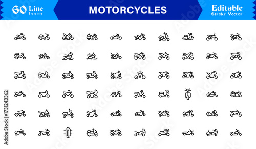 Premium Motorcycles Line Icon Set with Modern Minimal Designs, Professional Vector Style Collection Featuring Unique Motorcycle and Bike Symbols for Creative Projects