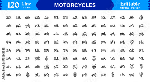 Premium Motorcycles Line Icon Set with Modern Minimal Designs, Professional Vector Style Collection Featuring Unique Motorcycle and Bike Symbols for Creative Projects