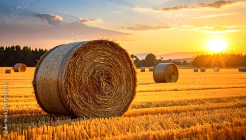 Golden hay bales at sunset