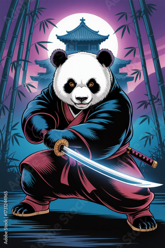 Samurai panda warrior with katana in bamboo forest