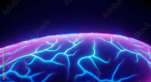 Abstract Brain Neural Network Visualization with Glowing Neon Blue Connections and Deep Purple Background Artificial Intelligence Concept