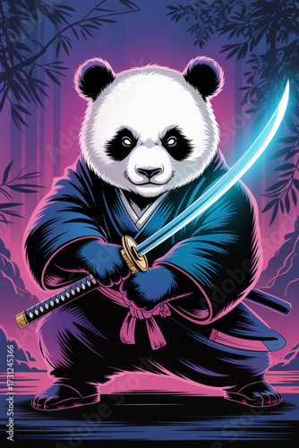 Samurai panda warrior with glowing katana in neon forest