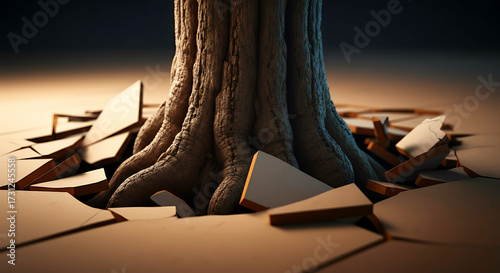 Abstract Tree Trunk with Broken Surface Illustration Showing Strength and Resilience and the Impact of Nature Power in a Conceptual Image