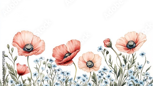 Vintage botanical sketch of poppies and forget-me-nots, colored pencil drawing with visible strokes, soft pink-red and sky-blue flowers arranged delicately on a white background.