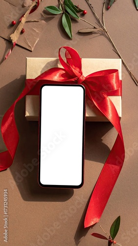 Craft Paper Gift Box Tied with a Shiny Red Ribbon and a Blank White Screen Phone Display Set on a Brown Surface with Holiday Accents Overhead