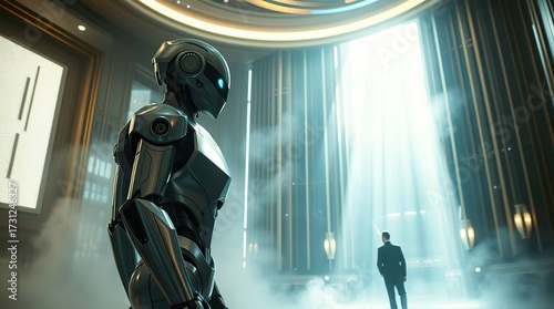 Robot  Man in Futuristic Lobby.