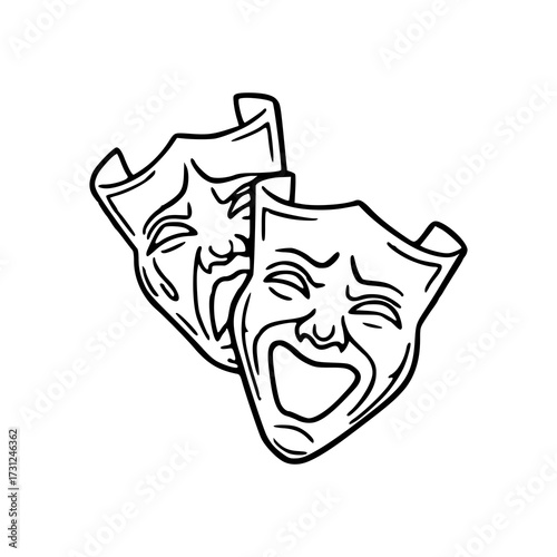 happy and sad theatrical masks line art