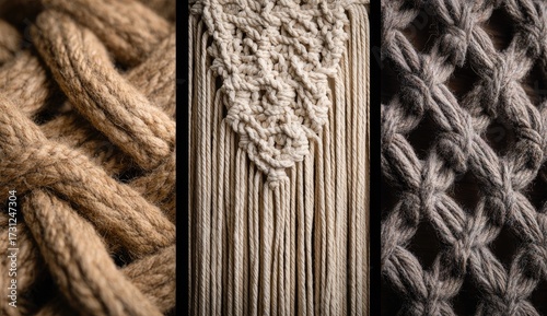 Close-up showcasing three distinct textile textures a woven rope, a macrame wall hanging, and a knotted fabric.  Neutral earth tones dominate