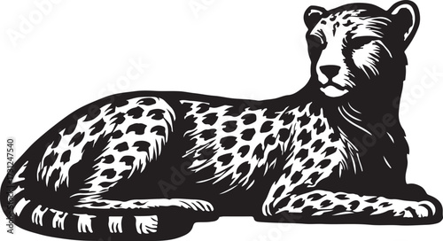 Artistic black and white illustration of a majestic cheetah resting peacefully on a white background with detailed spots