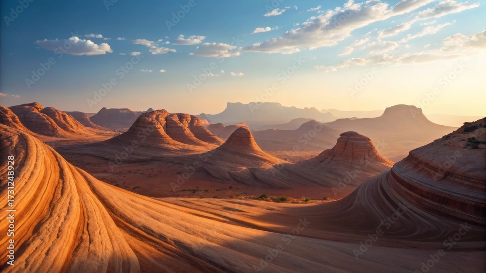 Naklejka premium Dramatic Sculpted Desert Landscape with Sand Dunes and Rocky Formations under Golden Light 