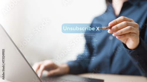 Tablou pe pânză cancel, subscription, renewal, finance, settings, confirm, Person selecting unsubscribe option on digital screen represents subscription cancellation, billing termination, and account management