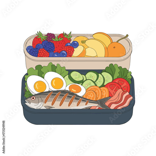 A delicious and healthy packed lunch featuring grilled fish and fresh fruits.