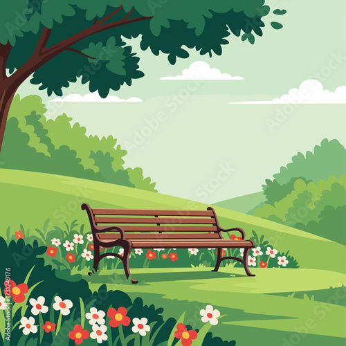 A peaceful park bench awaits amidst blooming flowers and lush green hills on a bright day.