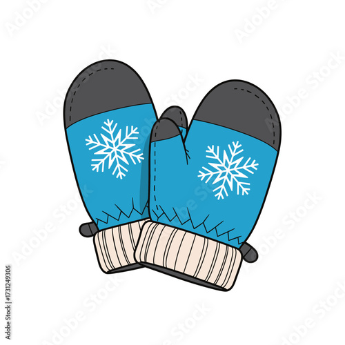 A pair of blue winter mittens with snowflake designs and striped cuffs for keeping hands warm during cold weather.