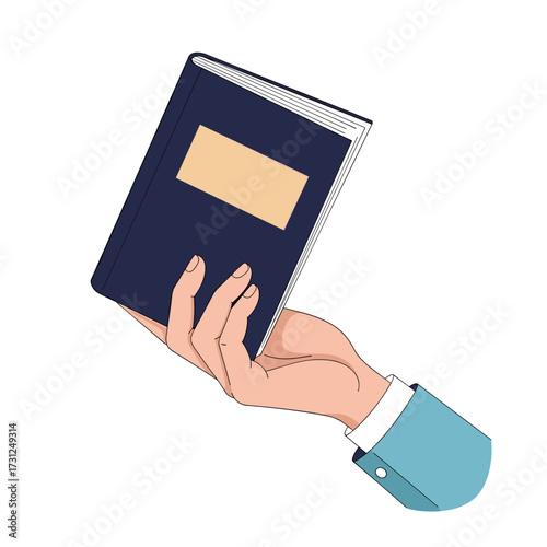 A person holding a book open on their hand with a light blue sleeve shirt.