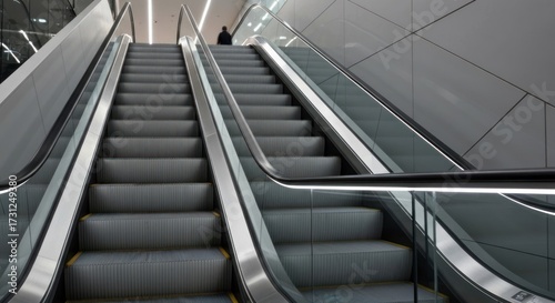 Modern double escalator in a light-filled, contemporary building interior