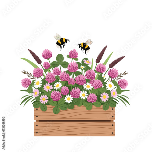 A wooden crate overflowing with vibrant pink clover and white daisies buzzing with happy bees.