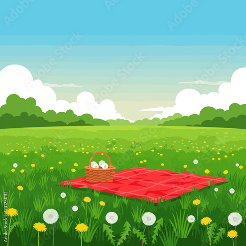 A delightful outdoor picnic spread on a vibrant green meadow on a sunny day.