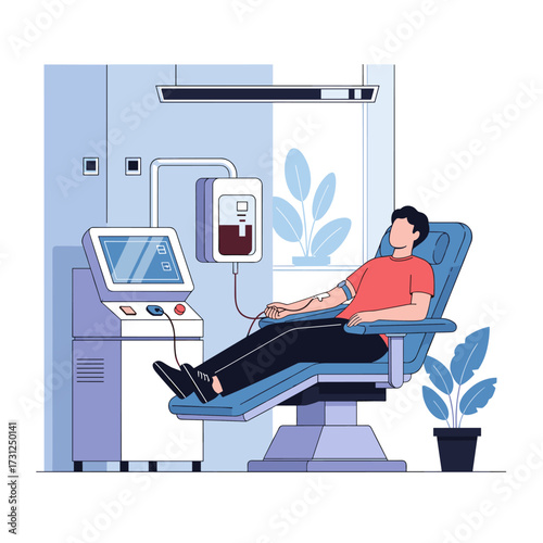 A person is donating blood in a medical facility with modern equipment and plants.