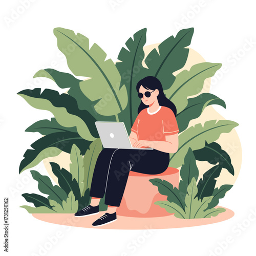 A person is sitting in a garden with a laptop and some large plants.