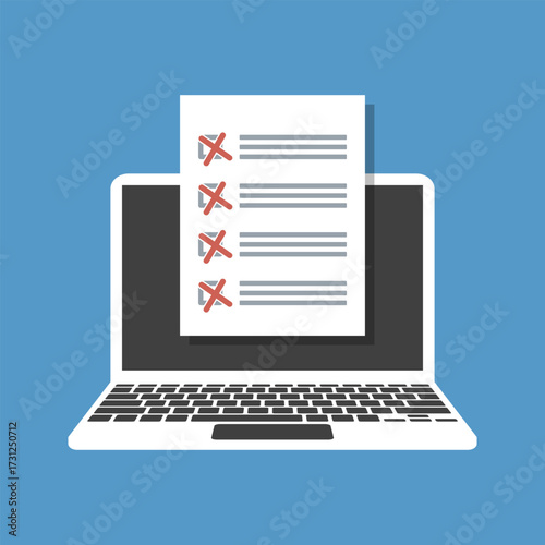 negative answers quiz form checklist on laptop display, distant education flat vector illustration, online learning resources, study course
