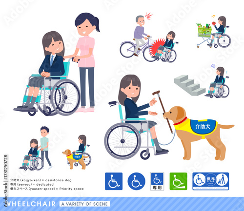 車椅子に乗る紺ブレザー女子学生のセット