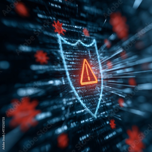 Digital shield with warning sign protecting against virus attack on computer code background, cybersecurity concept