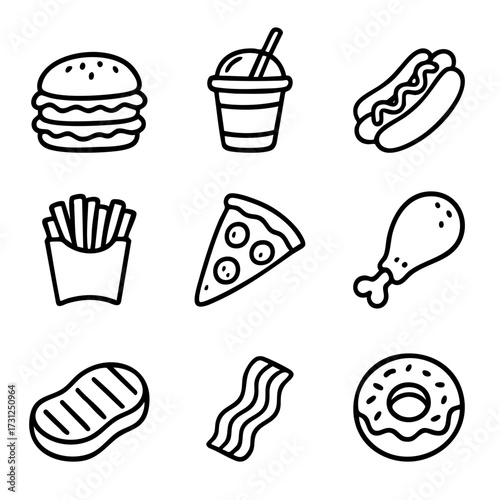 A set of doodle line icons featuring popular fast food items like burger, fries, pizza, hot dog, drink, and more