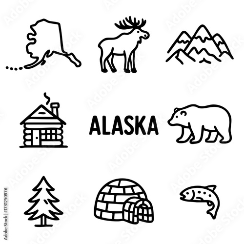 A set of doodle line icons representing Alaska with wildlife, map, mountains, cabin, igloo, and nature elements