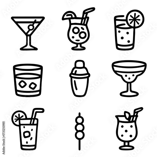 A set of doodle line icons showcasing various cocktails, beverages, and drinkware including shakers, glasses, and garnishes