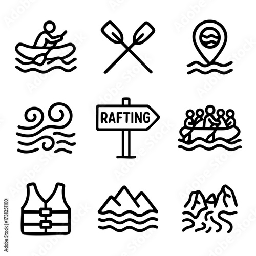 A set of doodle line icons showing rafting activities, river waves, paddles, mountains, group rafting, and essential outdoor gear