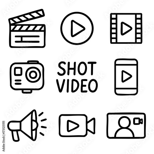 A set of doodle line icons showing video recording, filmmaking, play buttons, action cameras, and mobile content creation tools