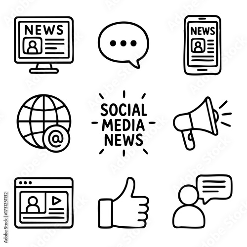 A set of doodle line icons illustrating social media news, online updates, digital communication, notifications, sharing, and interaction