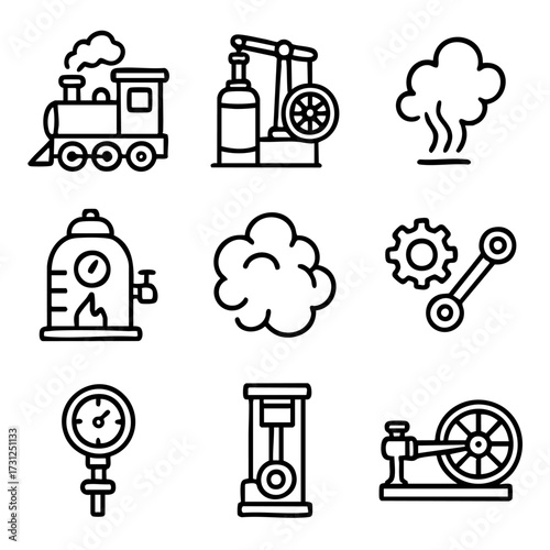 A set of doodle line icons depicting steam power, machinery, pressure systems, pistons, trains, and key elements of early industrialization