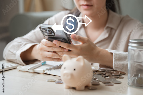 Cuadro en lienzo refund, complete, payment, finance, ecommerce, success, transaction, Woman using smartphone with money transfer icon represents refund completion, approved payment, and ecommerce transaction success