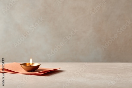 Warm glow from diya candle on textured surface enhances tranquil