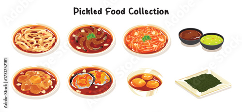 A delicious Hand-Drawn Pickled Food Collection vector illustration featuring various popular Asian marinated dishes and dipping sauces. Perfect for restaurant menus, food blogs, or culinary designs.