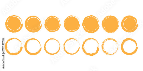 Yellow brush circle. Round stamp vector isolated on background. Painted yellow brush circle vector. For grunge badge, seal, ink and stamp design template. Round grunge hand drawn circle shape, vector