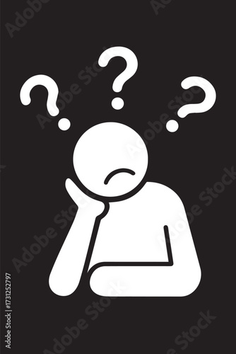A person with a confused or pensive expression. The person is represented as a stick figure or icon, with their head resting on one hand. Above their head are three large question marks.