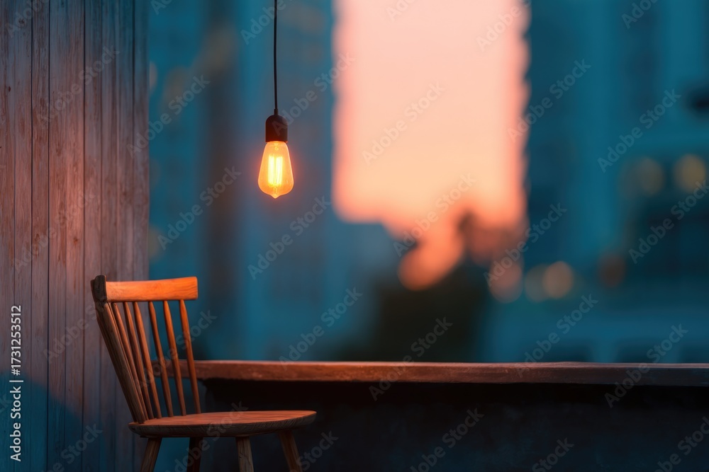 Obraz premium Warm light illuminates rustic chair against vibrant sunset backd