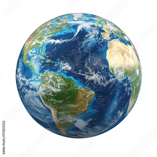 A detailed 3D Earth globe with vibrant blue oceans and green continents isolate on transparent background