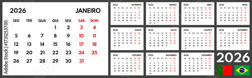 2026 year monthly office planner, calendar starts monday, two red weekends, white background, portuguese months name, 12 month planner grid