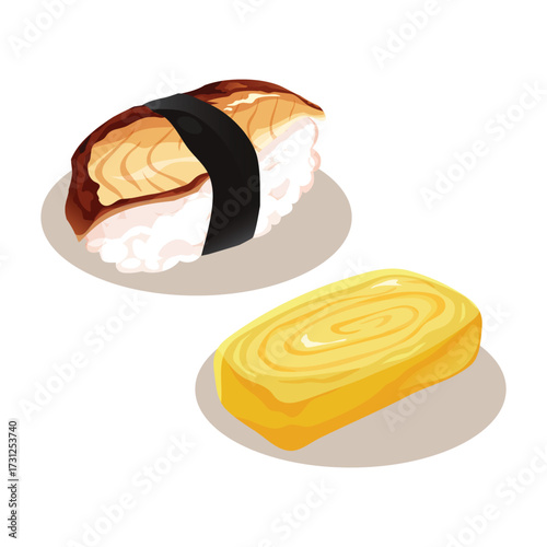 A set of Japanese food vector illustration. Includes grilled eel sushi (unagi) and a sweet omelette roll (tamago).