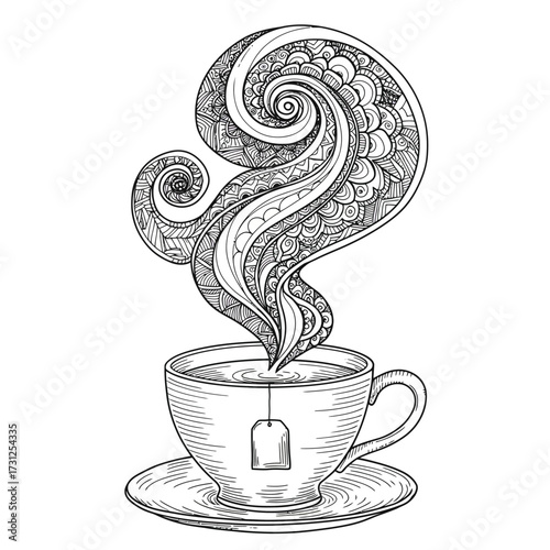 Line art drawing of a teacup with steam forming mandala patterns