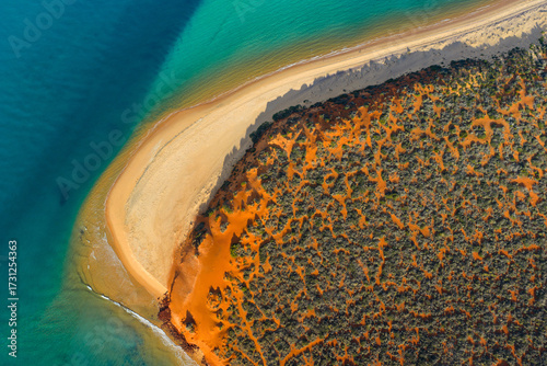 Aerial view of colourful red dunes and beach at Cape Peron of Shark Bay in Western Australia