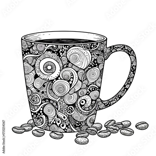 Coffee mug decorated with zentangle swirls and beans around, line art
